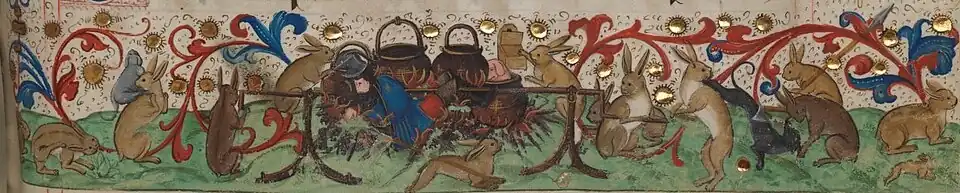 1511. Lapins rôtissant un chasseur à la broche. Lorcher Chorbücher Württembergische Landesbibliothek.