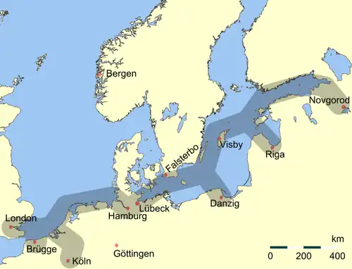 Route mer du Nord et mer Baltique, Hanse, langues de la Hanse à Novgorod.