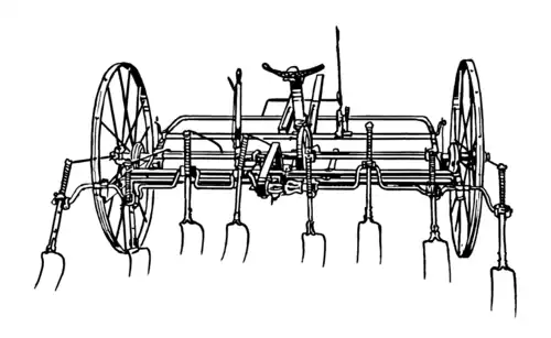 Faneuse à traction animale (XXe&nbsp;siècle) ; le jeu des huit fourches est mu par la rotation des roues, et un siège est prévu pour le conducteur.