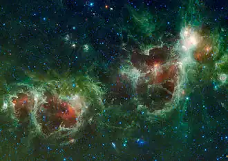 Image infrarouge des nébuleuse de l'Âme (IC 1848) et nébuleuse du Cœur (IC 1805).