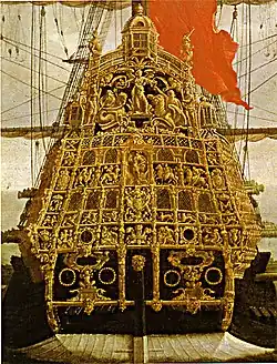 Poupe du HMS Sovereign of the Seas. Lancé en 1637, le fastueux vaisseau-amiral de Charles Ier reste en service 60 ans dans la Royal Navy et participe à de nombreux combats.
