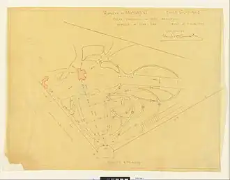 Dessin en noir sur fond jaune avec quantité de courbes et deux petites formes hachurées de rouge