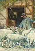 Berger et son troupeau de moutons devant la bergerie.