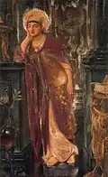 Peinture d'un jeune homme en toge blanche et manteau rouge a un encensoir dans la main gauche. Une colonne noire est à sa gauche et il est accoudé sur un autel noir à sa droite, sur lequel est une statuette et au pied duquel se trouve une plante dans une amphore, soutenue par un trépied.