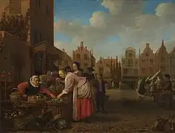 Peinture en couleurs représentant des femmes sur une place de marché