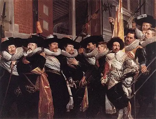 Hendrik Gerritsz Pot, Les Officiers de la milice St Adrien, 1630, sur ce qui est devenu les marches de la bibliothèque. Le plafond de la salle d'étude est visible par la fenêtre.