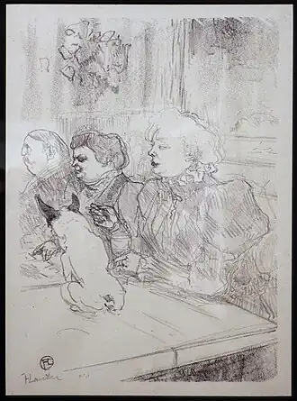 Dessin en noir et blanc, trois femmes assises à une table dans un bistro, sur la table, un bouledogue assis vu de dos.