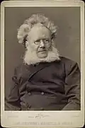 front dégarni, abondante chevelure blanche en auréole, barbe blanche de chaque côte du visage