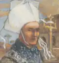 Plougastellenn devant le calvaire de la chapelle Saint-Jean à Plougastel. Pastel, signé et daté 1912. (Henri Schick).