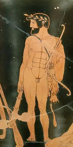 Héraclès portant un arc, sa massue et la peau du lion de Némée, détail du Cratère des Niobides, v. 460–450 av. J.-C., musée du Louvre.