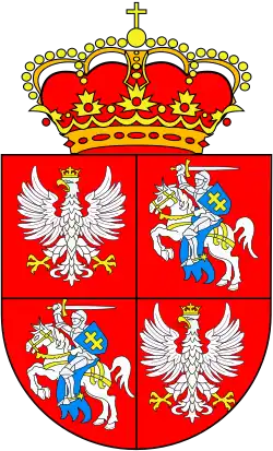 Blason rouge surmonté d'une couronne et partagé en quatre quartiers : les quartiers en haut à gauche et en bas à droite portent des aigles blanches couronnées d'or, tandis que les quartiers en haut à droite et en bas à gauche portent des chevaliers blancs, munis d'une épée blanche et d'un écu bleu et or, montés sur des chevaux blancs cabrés munis d'un harnachement d'or et d'un caparaçon bleu.