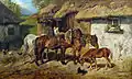 Chevaux harnachés à l'écurie