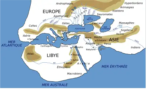 Carte naïve du bassin méditerranéen avec massifs montagneux, rivières, mers et océans.