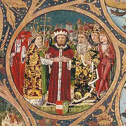 Enluminure médiévale montrant un roi entouré de dignitaires religieux.