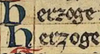 Le mot allemand ‹&nbsp;Herzoge&nbsp;› écrit avec un z barré (autre variante stylistique de z) et avec un z hameçon indistinctement dans le Codex Manesse (1304).