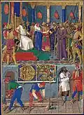 Jésus devant Pilate sur un trône entouré de soldats et en-dessous  les larrons sortant d'un cachot.