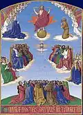 Une assemblée priant surplombé par les saints, apôtres, le Saint-Esprit, la Vierge, le Christ et Jean-Baptiste et anges.