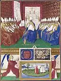 Une assemblée d'évêques assis avec Hilaire au centre dans une chambre au-dessus de deux anges tenant du cartouche.