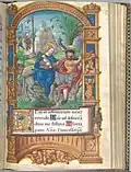 La Vierge tenant Jésus assise sur un âne conduit par Joseph dans un paysage oriental, encadré de putti.