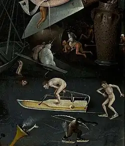 Plusieurs personnages chaussés de patins à glace évoluent sur une pièce d'eau gelée.