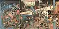 Aomono sakana gunzei daikassen no zu (La grande bataille des fruits, des légumes et des poissons), triptyque  d'estampes de 1859