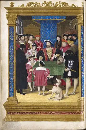 Histoire universelle de Diodore de Sicile : Antoine Macaut devant François Ier (1534, musée Condé de Chantilly).