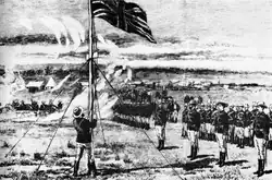 Dessin de soldats au garde-à-vous devant un drapeau britannique au sommet d'un poteau