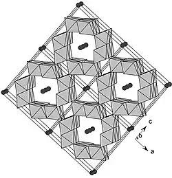 Représentation polyédrique de la structure en tunnels 2 x 2 de la hollandite. Les atomes en noir représentent Ba.