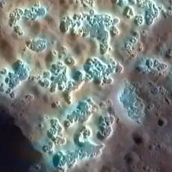 "Hollows" sur Mercure . Les couleurs sont améliorées. La largeur de l'image est de 7&nbsp;km.