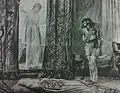 Illustration par E. K. Johnson pour The Graphic (1886). Holly, debout, regarde la silhouette de She, tandis que Billali est allongé prostré sur le sol, craignant de lever les yeux.