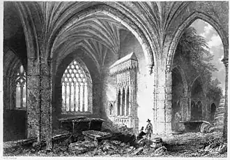 Gravure du dix-neuvième siècle montrant une église dont une travée est écroulée.