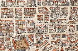 Détail du plan de Braun et Hogenberg vers 1530. Emplacement de l'hôpital Sainte-Catherine.