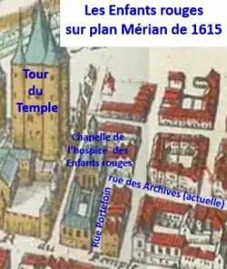 Hospice des Enfants rouges sur le plan de Mérian en 1615.