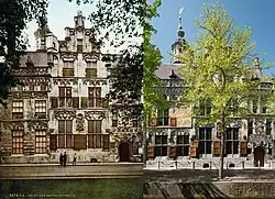 Vue sur l'hôtel de ville (en nl Gemeenlandshuis) depuis la rue Oude Delft à Delft (à gauche vers 1900, à droite le 27 avril 2020).