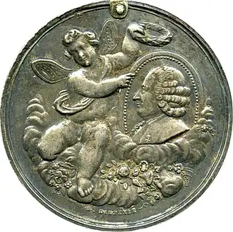Avers de la médaille de la Société des Conférences horticoles de Liège, à l'effigie du naturaliste suédois Charles Linné, 1844 (Inv. musée de la Vie wallonne no MVW-5027295 ; diamètre 4,4 cm), Liège, musée de la Vie wallonne.