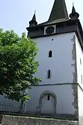 La tour de l'église réformée calviniste hongroise de Huedin (en hongrois Bánffyhunyad), construite au XVe&nbsp;siècle.