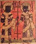 Hulagu Khan et son épouse tenant la croix. Il conquiert Bagdad en 1258 où il instaure pour une trentaine d'années la politique de tolérance religieuse des Mongols, sans jamais se déclarer d'aucune religion.