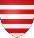Fascé de gueules et d'argent de huit pièces, blason des souverains hongrois.