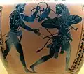 Dispute d'Apollon et d'Hercule pour la possession du trépied de Delphes. Hydrie attique à figures noires, vers 520 av. J.-C.
