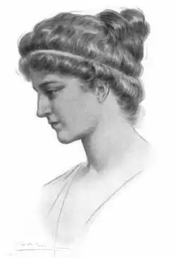 Dessin de la tête d'une femme, de profil, la tête légèrement inclinée.
