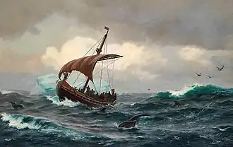 Tableau représentant un navire scandinave voguant devant un iceberg.