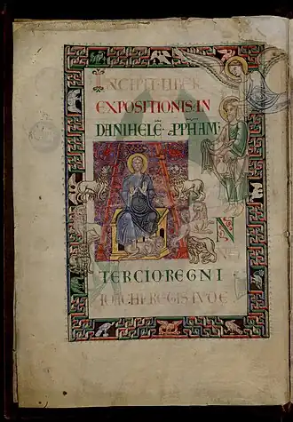 Inital "A" aux arabesques pourpres avec représentation de Daniel dans la fosse aux lions. Explanationes in Danihel prophetiam, Prophetas et Ecclesiasten : Commentaires sur la prophétie de Daniel, les douze petits prophètes et l'Ecclésiaste de Saint Jérôme, XIIe&nbsp;siècle, Dijon, Bibliothèque municipale, Ms 132, f. 2 V.