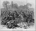 Une unité de cavalerie paraguayenne (à gauche) est chargée par un soldat monté allié (à droite) pendant la bataille de Lomas Valentinas (Harper's New Monthly Magazine, 1870).