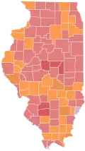 Vainqueur républicain par comté : Rauner en rouge et Ives en orange.