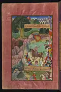 En route vers l'Hindoustan, Babur et ses hommes s'arrêtent pour la nuit avant de traverser l'Indus. Miniature fin du XVIe&nbsp;siècle.