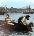 Homme assez hirsute penché vers le fleuve, sa fille, belle et farouche à la poupe maniant les avirons