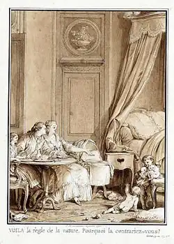 Dans une chambre un homme et une femme regardent des enfants jouer au pied d'un lit.