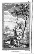 Frontispice de la première partie&nbsp;: Indien d'Amérique septentrionale. Coffre et objets symbolisant les richesses du Nouveau Monde.  De Saint Aubin [dessin.] ; Le Capitaine Bossu, [aut. du texte]; C. Beurlier (graveur).