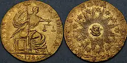 Les deux faces d'une pièce d'or, représentant un personnage assis et un œil allégorique qui voit tout.