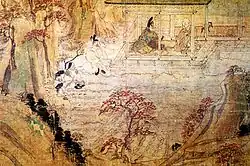 Peinture. Un moine est assis sur sa véranda dans un paysage de montagne. Un homme noblement vêtu est assis en face de lui.